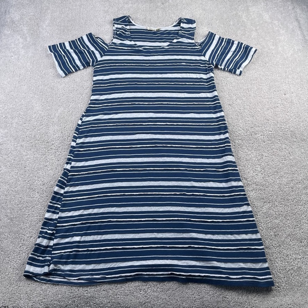 Chalet et cici Dress Womens Medium Blue Grey Stripes Cold Shoulder Lightweight